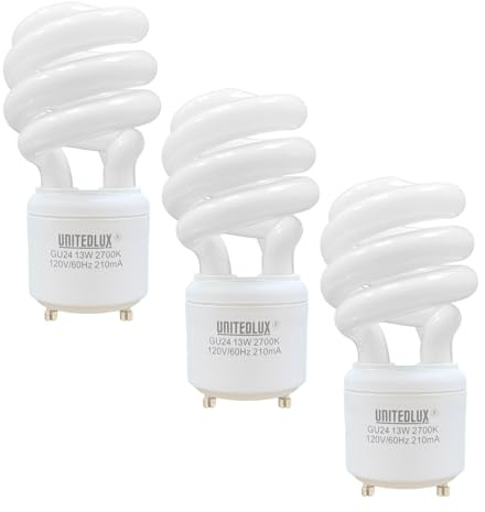 UNITEDLUX 13Watt T2 Spiral CFL GU24 2 Prong Light Bulb Base 2700K 900lm 120v 60Hz Light Bulb- Mini Twist Lock Spiral -Self Ballasted Compact Fluorescent Soft White Pack of 3