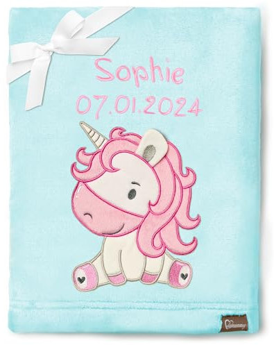 Be Mammy Personalisierte Babydecke mit 3D Applikation Warme Kuscheldecke mit Namen und Geburtsdatum; Perfektes Baby Geschenk; Blanket; Krabbeldecke BE20-280 (Puderblau - Einhorn)