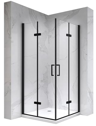 Mampara de Ducha Matilde | 80x80x190cm | REVERSIBLE | Puerta plegable | Ajuste 78,9-80,4 x 78,9-80,4cm | Perfiles Negros, Cristal transparente de 6 mm - Moments of Glass