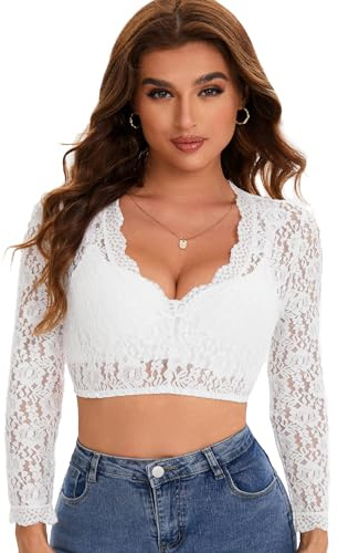 Adisno Dirndl Bluse Damen,Dirndlbluse Spitze,Dirndl Bluse,Dirndl Bluse Spitzen,Dirndlbluse,Elegante Langärmelige Dirndlbluse mit V-Ausschnitt.