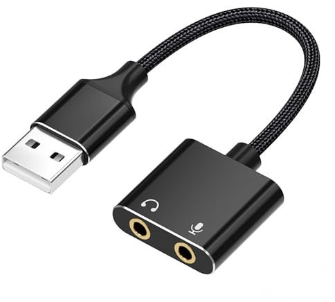 AQSQWQ Carte Son Externe, Adaptateur Audio USB vers 3,5mm Jack, USB Écouteur Casque et Convertisseur Micro Microphone Compatible avec PS4, PC Laptop, Compatible avec Windows, Mac Plug and Play, Noir
