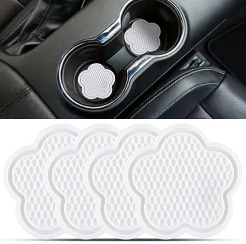 Set of 4 Flower Cup Coasters - Non-Slip Silicone Insert Mats - White - Universal Fit for Most Cars and Trucks - Ideal Car Coasters and Drink Holders