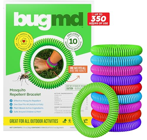 BugMD 10 Pack Mosquito Bracelets, DEET-Free Bands for Adults & Kids, Natural & Waterproof Citronella Wristbands for Camping, Hiking, Beach, Travel & Outdoor Essentials