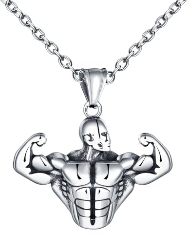 INFINIONLY Kreative Bodybuilding Herren Halskette aus Edelstahl Fashion Coole Arm-Muskel Ketten Ein Symbol für Mut und Stärke Fitness Anhänger mit 55cm Kette Dekoration für Teenager