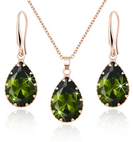 Linawe Tear Drop Earrings Jewellery Sets for Women, Fake Imitation Diamond Pendant Necklace, Birthstone Crystal Cubic Zirconia Dangle Earrings Set, Rose Gold Rhinestone Costume Jewellery Set