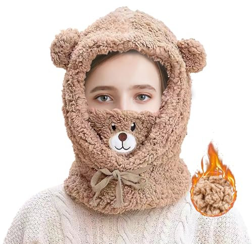 FOSDICK 1 Pièce Mignon Ours Cagoule Femme, Hiver Chaud Cagoule Ski Femme, Epaissi Cagoules Femme, Coupe-Vent Balaclava Femme, Cagoule Polaire AVCE Cache Cou pour Froid Ski Outdoor Moto Montagne