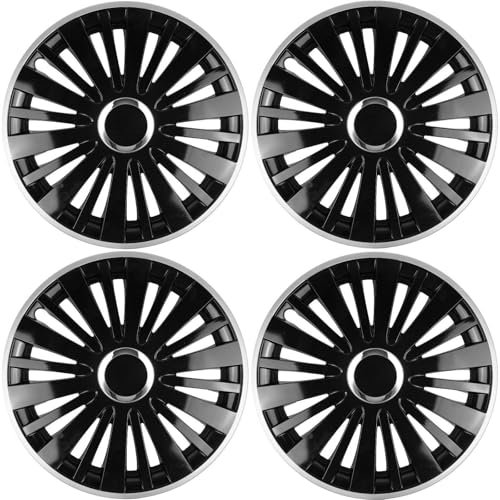 Premium Radkappen 14 Zoll in Schwarz-Silber-Glänzend mit Chromring 4er-Satz hochwertige Radzierblenden für PKW-Stahlfelgen Radblenden-Zweifarbig Radabdeckungen Raddeckel Zierblenden Zierkappen 4 Stück