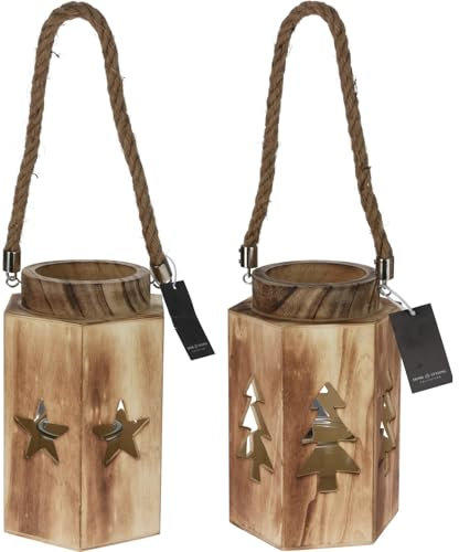 Bambelaa! 2er Set Weihnachtliche Vintage Holzlaterne Windlicht mit Sternen- und Tannenbaummuster (ca. 14 x 16 x 23 cm)
