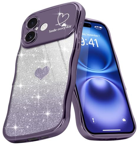 Teageo Cute Heart Pattern Curly Phone Case for iPhone 16, Wave Frame Glitter Case for Girls Women Aesthetic Bling Cover Shockproof Soft TPU Bumper for iPhone 16, Purple