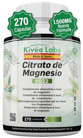 KivéeLabs® Citrato de Magnesio 1.500mg con 450mg de Magnesio Elemental Puro | Suplemento de Alta Absorción | Suministro 135 Días. (270 Cápsulas)