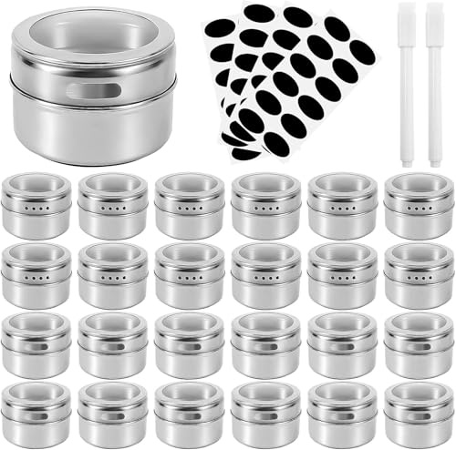 Lot de 24 Pots à Épices Magnétiques pour Réfrigérateur, 90ml Bocaux en Inox | Avec Couvercles Transparents, 48 Étiquettes et 2 Marqueurs pour Cuisine, Garde-Manger, BBQ et Camping