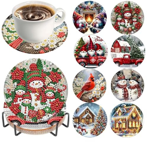 Xanthelle Pintura de Diamantes Navidad, 8 Piezas Posavasos de Pintura de Diamantes Navidad, Kit de Pintura de Diamantes Infantil 5D DIY, Regalo y Decoración para el Hogar