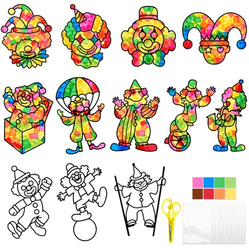 12 Stück Fensterbilder Karneval Deko, Clown Deko Bastelset Kinder ab 2 3 4 5 6 7 8 Jahre, Zirkus Deko Fensterbilder Fasching, Window Color Set Kinder Faschingsdeko