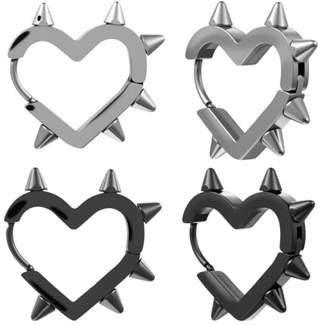 2 Pairs Gothic Earrings, Silver Black Alt Spike Heart Hoop Emo Earrings for Women & Men, Y2K Punk Earring, Stylish Jewelry Gift, 4Pcs