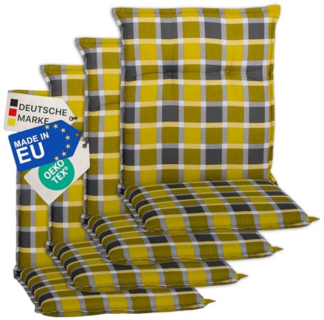 NYVI Gartenstuhl Auflagen Niedriglehner 4er Set Barcelona - UV-Beständig, Atmungsaktiv, Strapazierfähig - Niedriglehnerauflagen Sitzkissen Outdoor - Sitzauflagen 100x50cm Karo Gelb Grau