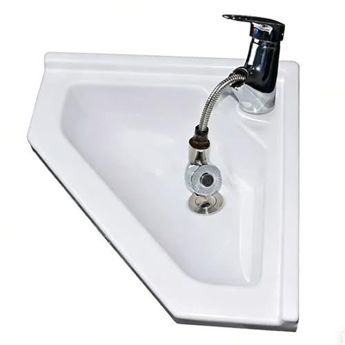 Angolare Lavandino Camper con Rubinetto Estraibile, Acrilico Lavabo da Esterno, con Scarico a Pulsante per Bagni, Yacht e Camper(White)