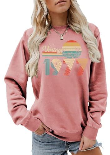MLZHAN Vintage 1977 Sunset Palm Tree Sweatshirt for Women Born In 1977 50th Birthday Gift Retro Casual Pullover Tops