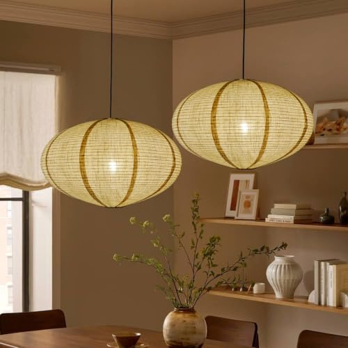 METHEDEECO 2er Set Leinen Hängelampenschirme Oval Ø50 cm, Natur | Stoff Lampenschirm für Pendelleuchte, Boho Minimalistischer Deckenlampenschirm, für Wohnzimmer, Schlafzimmer, Esszimmer