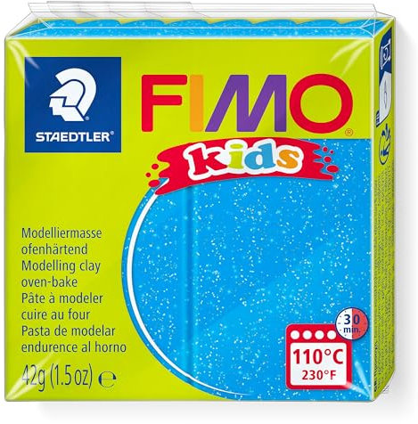 STAEDTLER ofenhärtende Modelliermasse FIMO kids, blau glitter, extra weich und geschmeidig, speziell für Kinder, Normalblock 42g, 8030-312