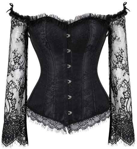 SZIVYSHI Women's Overbust Lace up Back Corset with Shoulder Sleeve and Long Skirt , Black -S(Waist:62cm)