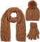 styleBREAKER Schal, Mütze und Handschuh Set, Zopfmuster Strickschal mit Bommelmütze und Handschuhe, Damen 01018208, Farbe::Cognac / Schal (One Size)