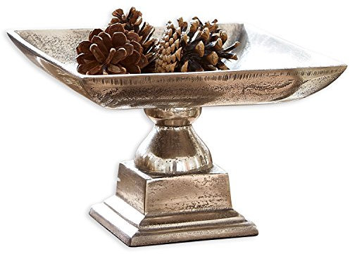 Loberon Schale Philippa, rechteckige Dekoschale auf massivem Fuß, natürliche Metallstruktur, Dekoration, Wohn-Accessoire, Aluminium, antiksilber