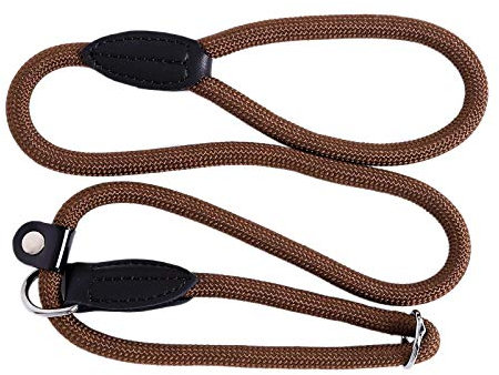 lionto Retrieverleine robust und wetterfest für Hunde Aller Größen, schnell anzulegende Hundeleine und Halsband in Einem, 120 cm, fellschonende Führleine mit integriertem Zugstopp, vegan, braun