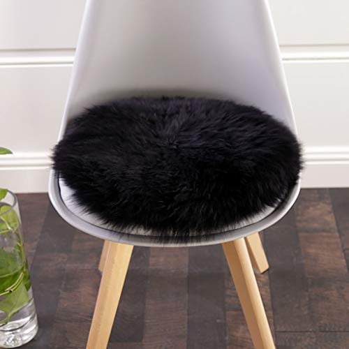 HC&WT Rundes Schaffell Sitzkissen, Luxuriöses Fell Stuhlkissen Superweicher Autositzüberzug rutschfeste Naturwollteppiche Schreibtisch Stuhlhocker Kissen (Schwarz,Durchmesser 40 cm)