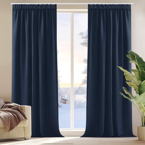 Deconovo Blickdicht Vorhänge Verdunkelungsgardinen mit Kräuselband Thermovorhang, 220x140cm(HöhexBreite), Dunkelblau, 2er Set