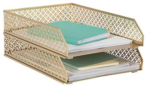 Blu Monaco Gold Desk Organizer Stackable Paper Tray Set of 2 - Metal Two Tier Tray - Stackable Letter Tray - Inbox Tray for Desk