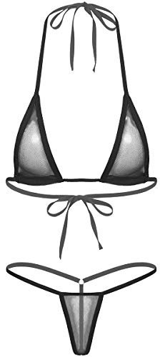 YOOJIA Femme Sexy Micro String Bikini Bresilien 2 Pièces Maillot de Bain Mini Tankini Bikini Push Up Soutien Gorge Ouvert Bra Push Up Haut de Bain avec G-String Ficelle Fesse Nu Noir OneSize