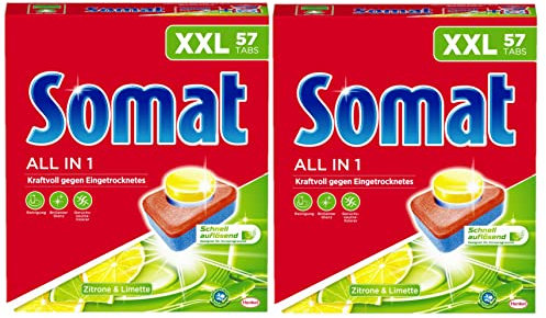 Somat All in 1 Zitrone & Limette Spülmaschinen Tabs, 114 (2x 57 Tabs), XXL Pack, Geschirrspül Tabs für kraftvolle Reinigung mit Geruchsneutralisierer Funktion