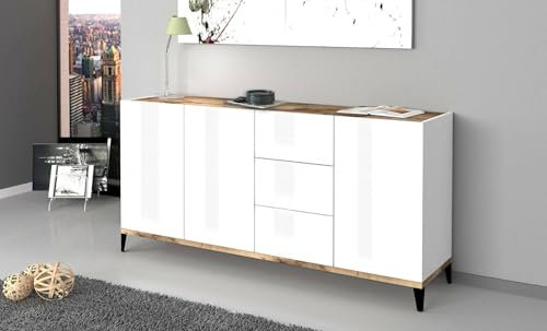 Dmora - Buffet Paolo, Buffet de Cuisine 3 Portes et 3 tiroirs, Buffet de Salon, 100% Made in Italy, 160x40h82 cm, Blanc Brillant et érable