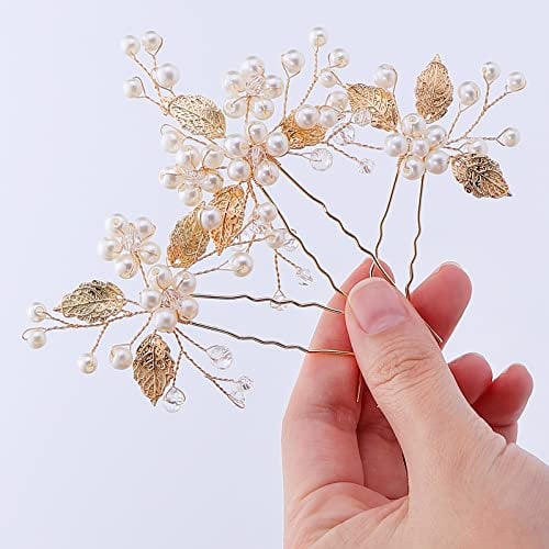 3 Pièces Barrette Cheveux Fleur Perle Pince Feuille D'or Epingle Gem Bijoux Strass Broche Accessoire Cheveux Mariage Coiffure Fille Femme