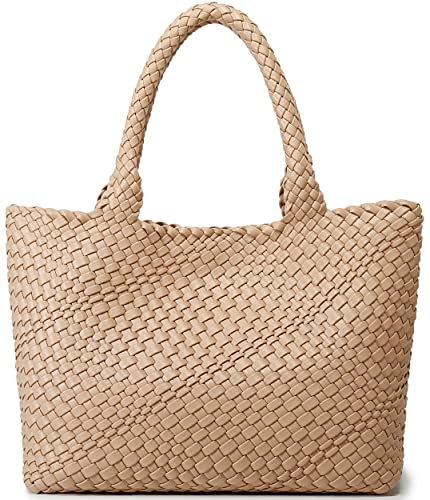 Queenoris Gewebte Tasche für Damen, modische Tragetasche mit Griff oben, veganes Leder, Einkaufstasche, große Reise-Tragetasche, aprikose