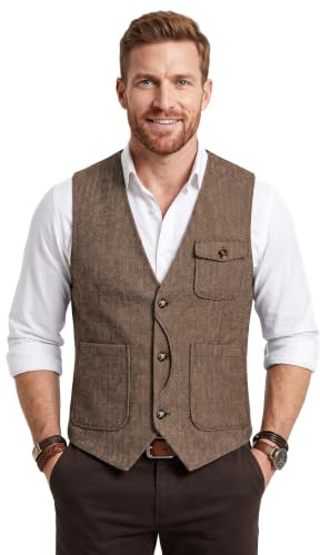 Solovedress Mens Vintage Wool 3 Real Pockets Suit Vest V Neck Tweed Waistcoat for Wedding Groomsmen