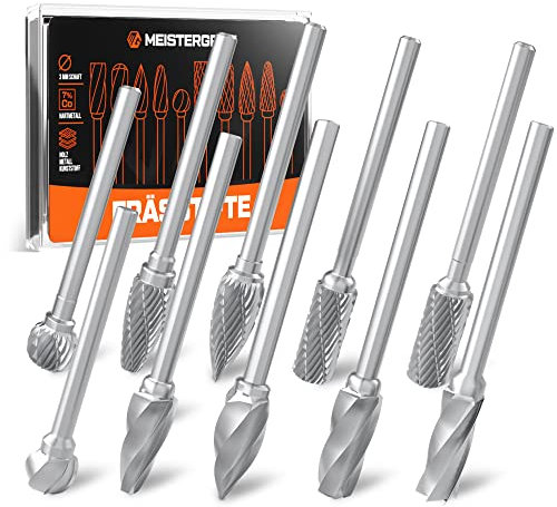 MEISTERGRIFF® Hartmetall Frässtifte [10 Stück] für Holz und Metall - Fräser Set mit hohem Materialabtrag - Fräsbohrer kompatibel als Dremel Zubehör - Hartmetallfräser