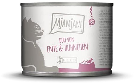 MjAMjAM - Premium Nassfutter für Katzen - Duo von zarter Ente und saftigem Hühnchen an Möhrchen, 1er Pack (1 x 200 g), getreidefrei mit extra viel Fleisch