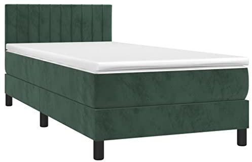 vidaXL Boxspringbett mit Matratze LED Polsterbett Bett Einzelbett Bettrahmen Bettgestell Lattenrost Schlafzimmerbett Hotelbett Dunkelgrün 90x190cm Samt