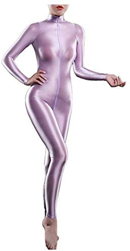 Yaaapiy Body da donna per yoga puro lucido body yoga movimento lingerie pelle aderente elastico collo alto manica lunga cerniera cavallo body Catsuit, Viola, M