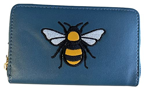 Love EMVY Embroidered Bee Zip Around Card and Coin Ladies Girls Purse (Blue)