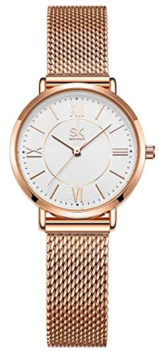 Alienwork Armbanduhr Damen Roségold Metall Mesh Armband Edelstahl Weiss Ultra-flach Elegant
