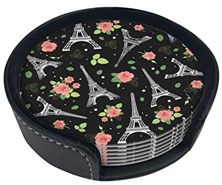 Stück Vintage Eifel Turm Paris und Rosen Blumen Leder Untersetzer für Getränke mit Halter Untersetzer Sets Getränke Tisch Tassen Untersetzer für Wohnzimmer Küche Kaffee Dekor