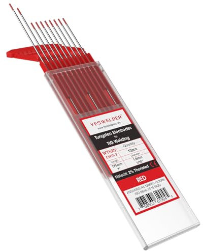 YESWELDER Soudage TIG Tungstène Électrode 2% thorié 1.6 mm x 175 mm (rouge, WT20/EWTh-2) 10 pk