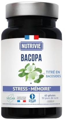 Bacopa Monnier - Hautement dosé 800mg d'extrait - Titré à 20% de Bacosides - Mémoire, Motivation & Gestion du Stress - 60 gélules - Fabriqué en France - Nutrivie