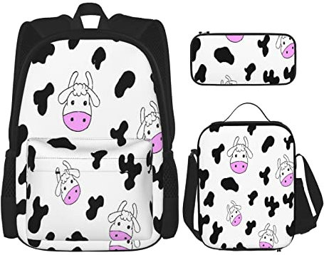 BAAROO 3 Stück Set Rucksäcke Tier Kuh Hide Muster Gekritzel Cartoon Kinder Zeichnung Landwirtschaft Landwirtschaft Buch Tasche Reise Arbeit SCH, farbe, 5.0cm*10.5cm*20.5cm, federmäppchen