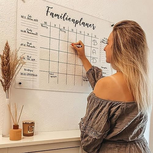 Wunsch Kalender - personalisierter Wandkalender - 5-Namen Familienplaner - wiederverwendbarer Kalender aus Acrylglas - Familienplaner abwischbar - Hingucker für jeden Raum