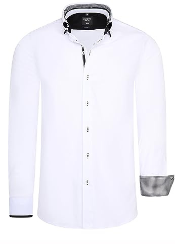 Rusty Neal Herren Hemd mit Doppel-Kragen und aufwendigem Knopf-Design Stretch Langarm-Hemd Freizeit Hemden 028, Farbe:Weiß, Größe S-3XL:S
