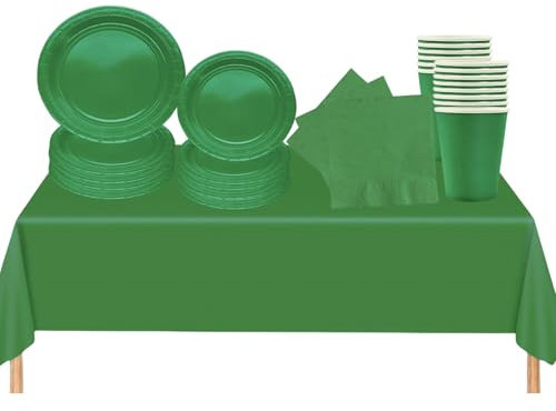 69Pcs Green Party Tableware - Plastic Table Cloth, Paper Plates, Napkins, Cups for Christmas, St. Patrick's Day Party Decorations