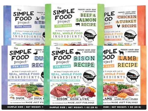 Simple Food Project The Freeze Dried Raw Dog Food Topper Featuring Organic Human Grade Ingredients [6 Pack Variety - 1oz Samples Bison, Duck, Lamb, Beef/Salmon, Duck/Trout, and Chicken/Turkey] …